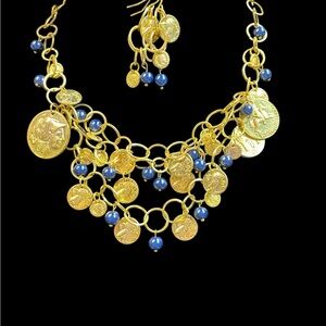Gold Coin & Blue Glass Pearl Statement Necklace Set
